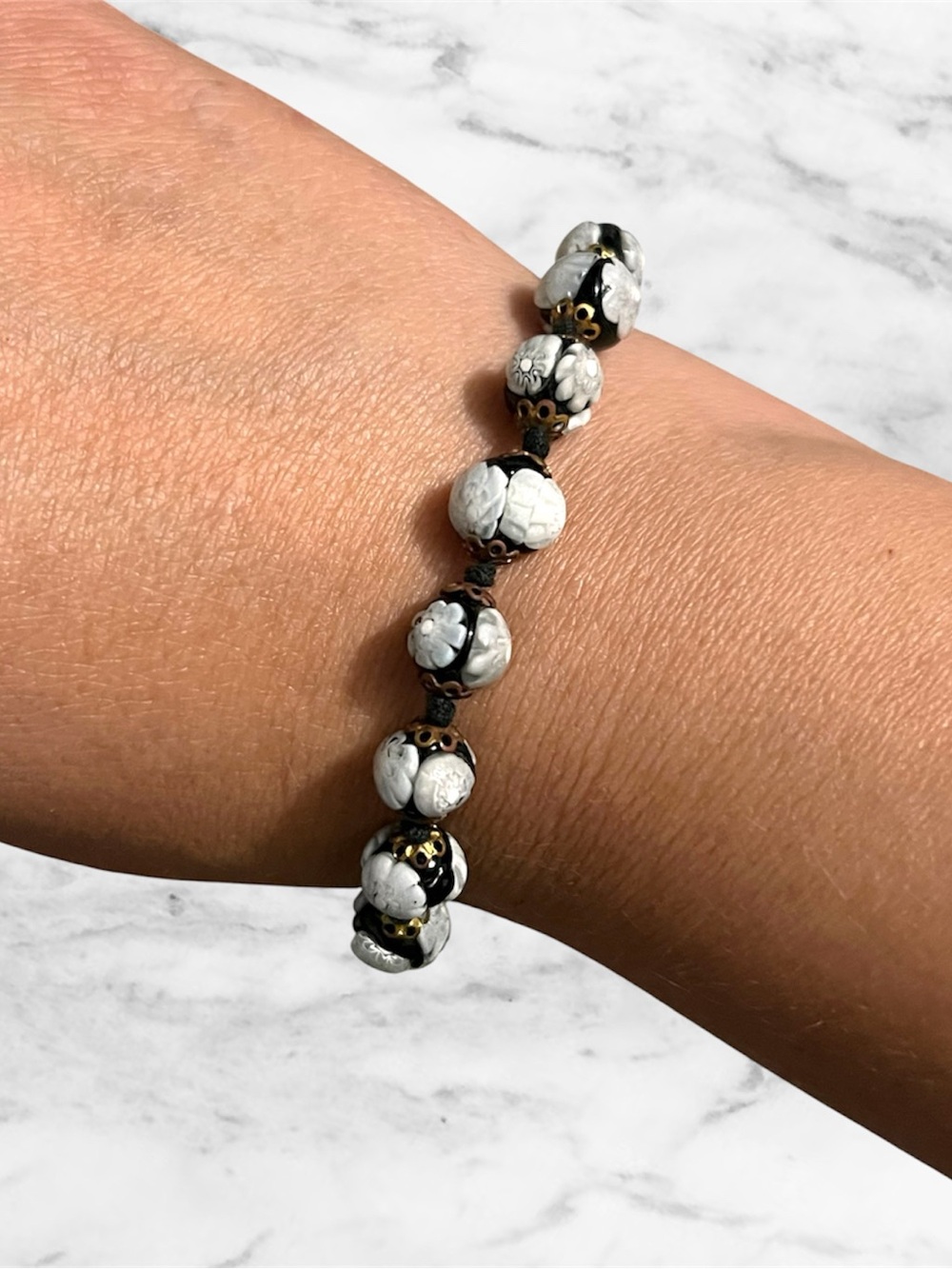 Vintage Murano Venetian Millefiori B&W Glass Bead Bracelet – Lampwork Italy
